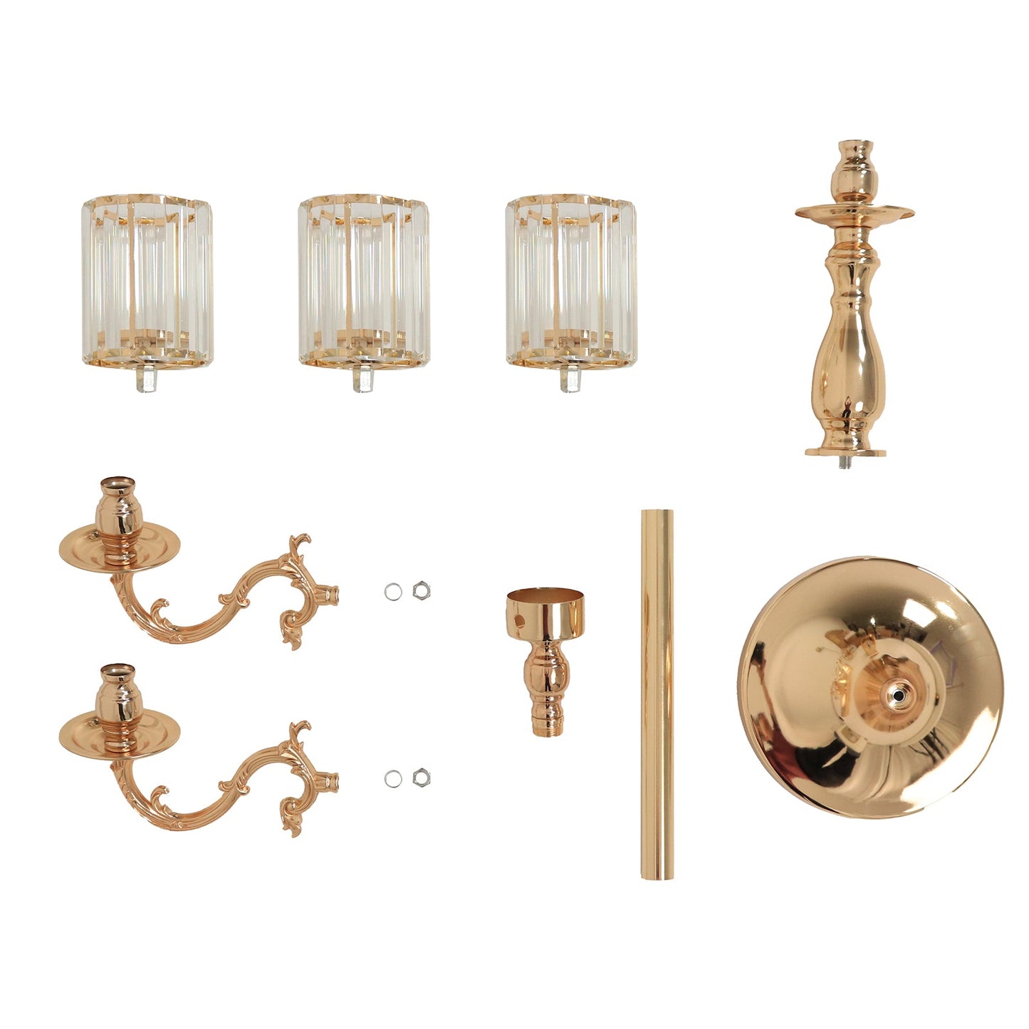 Gold Metal 3-Arm Candelabra with Crystal Pendant Glass Shades â€“ 34" Tall Candle Holder for Pillar, LED, and Flameless Candles