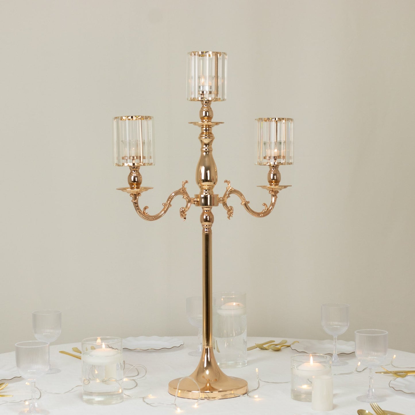 Gold Metal 3-Arm Candelabra with Crystal Pendant Glass Shades â€“ 34" Tall Candle Holder for Pillar, LED, and Flameless Candles