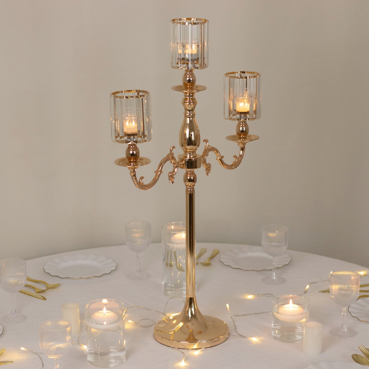 Gold Metal 3-Arm Candelabra with Crystal Pendant Glass Shades â€“ 34" Tall Candle Holder for Pillar, LED, and Flameless Candles