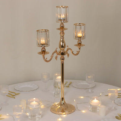 Gold Metal 3-Arm Candelabra with Crystal Pendant Glass Shades â€“ 34" Tall Candle Holder for Pillar, LED, and Flameless Candles
