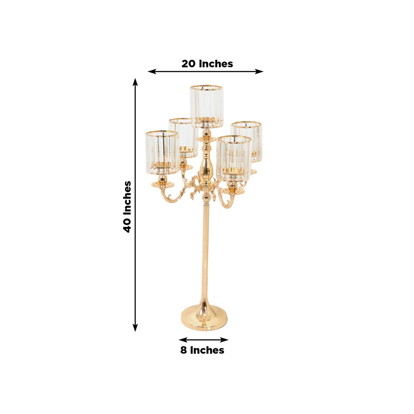 Gold Metal 5-Arm Candelabra with Crystal Pendant Glass Shades â€“ 40" Tall Candle Holder for Pillar, LED, and Flameless Candles