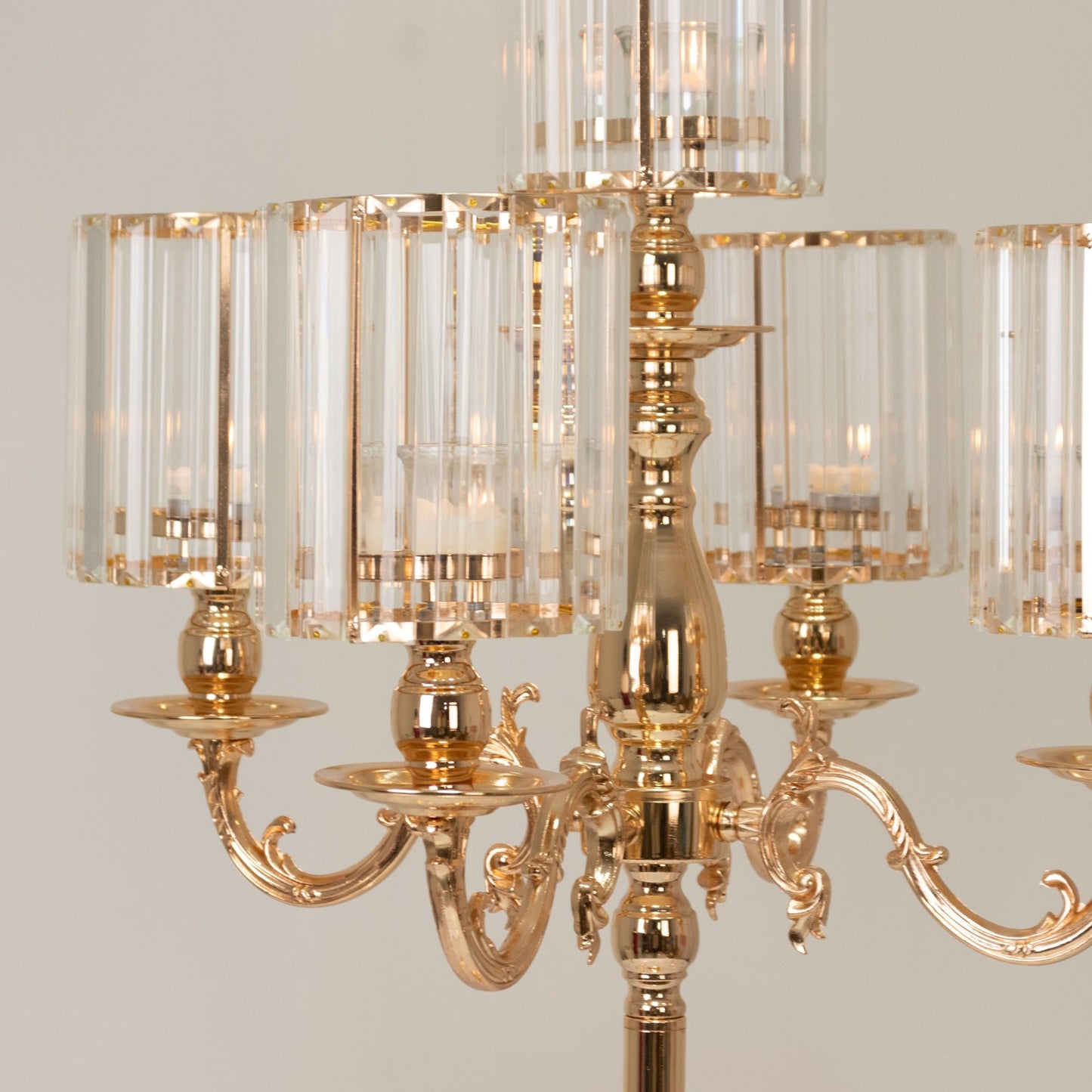 Gold Metal 5-Arm Candelabra with Crystal Pendant Glass Shades â€“ 40" Tall Candle Holder for Pillar, LED, and Flameless Candles