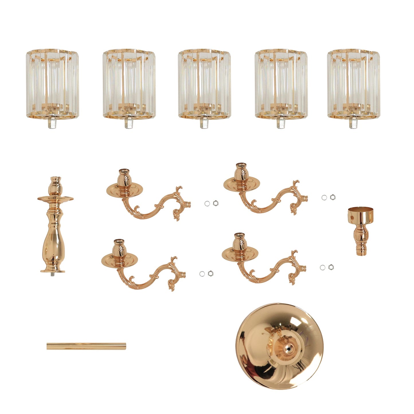 Gold Metal 5-Arm Candelabra with Crystal Pendant Glass Shades â€“ 40" Tall Candle Holder for Pillar, LED, and Flameless Candles