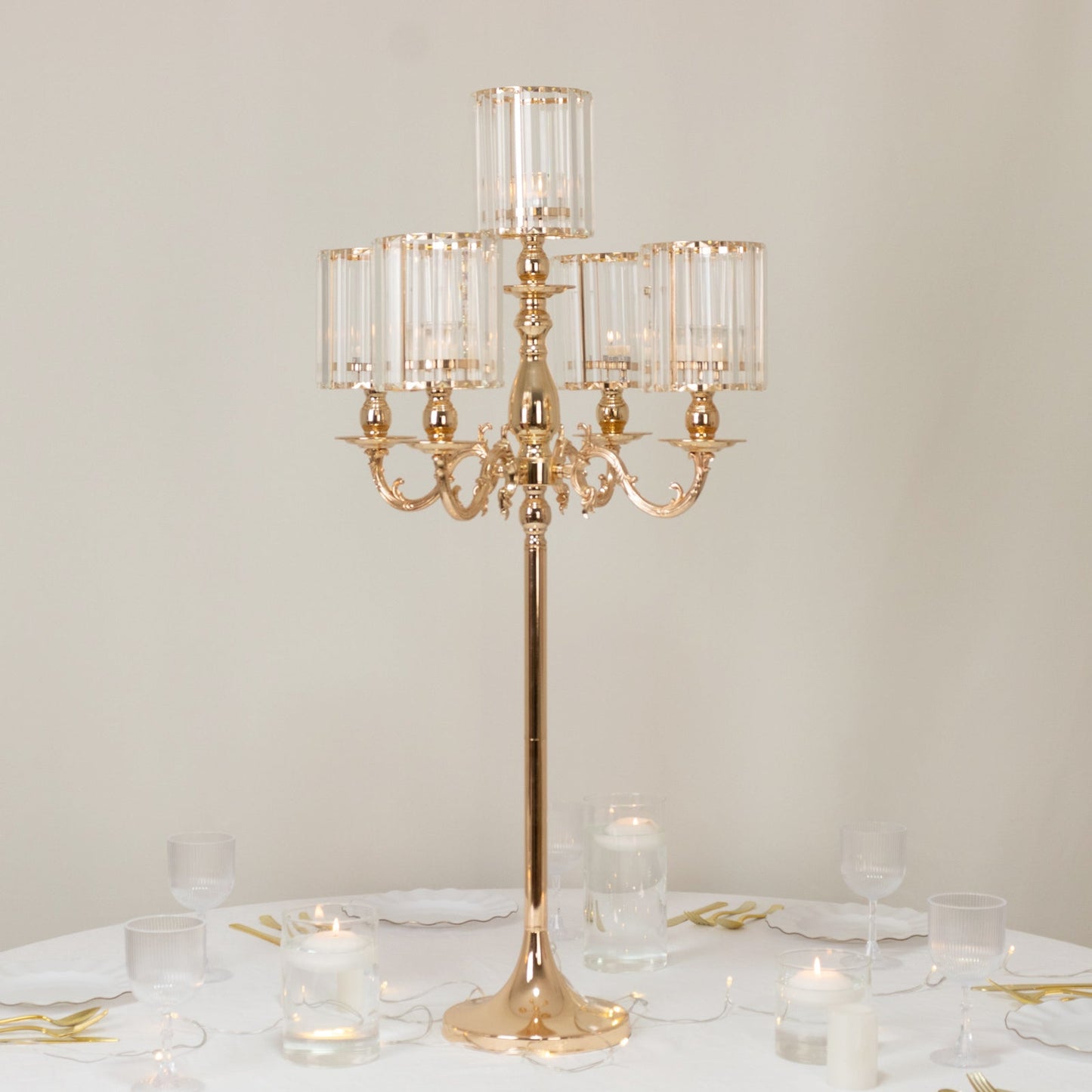 Gold Metal 5-Arm Candelabra with Crystal Pendant Glass Shades â€“ 40" Tall Candle Holder for Pillar, LED, and Flameless Candles
