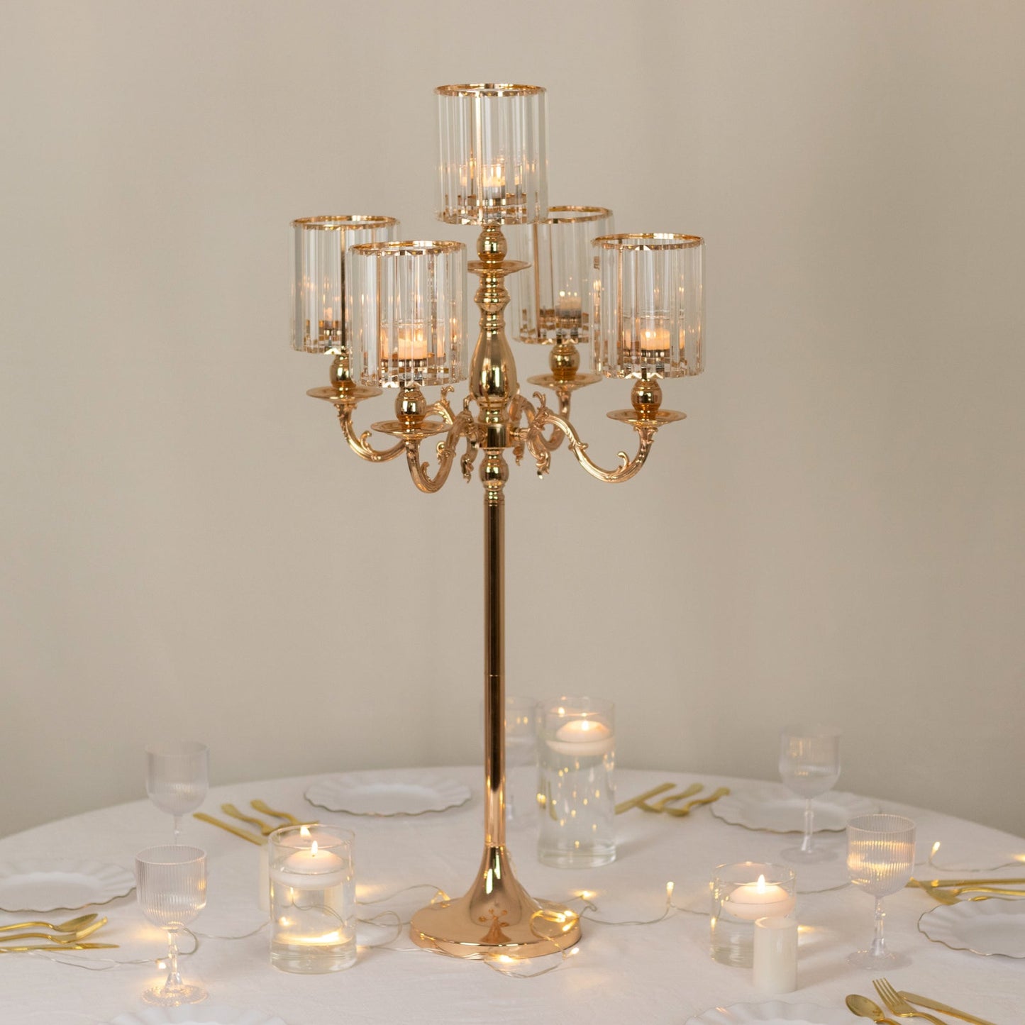 Gold Metal 5-Arm Candelabra with Crystal Pendant Glass Shades â€“ 40" Tall Candle Holder for Pillar, LED, and Flameless Candles
