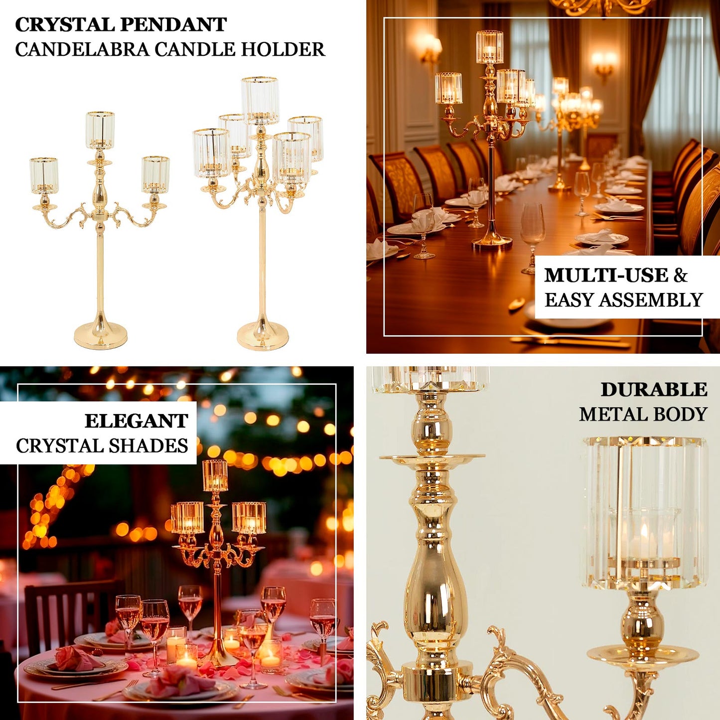 Gold Metal 3-Arm Candelabra with Crystal Pendant Glass Shades â€“ 34" Tall Candle Holder for Pillar, LED, and Flameless Candles