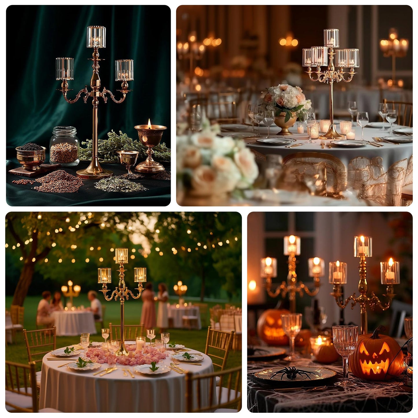 Gold Metal 5-Arm Candelabra with Crystal Pendant Glass Shades â€“ 40" Tall Candle Holder for Pillar, LED, and Flameless Candles