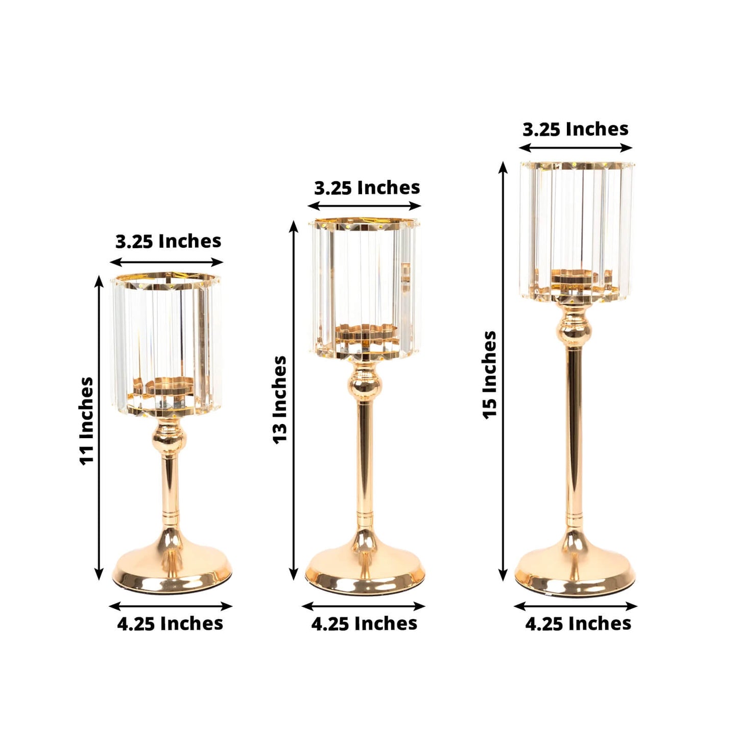 Set of 3 Gold Crystal Pendant Hurricane Candle Holders, Elegant Cylindrical Design for Pillar Candles, Decorative Table Centerpieces - 11",13",15"