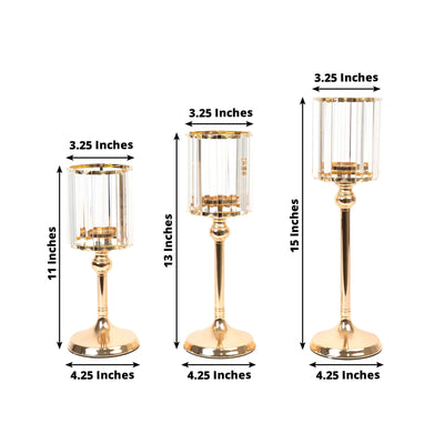 Set of 3 Gold Crystal Pendant Hurricane Candle Holders, Elegant Cylindrical Design for Pillar Candles, Decorative Table Centerpieces - 11",13",15"