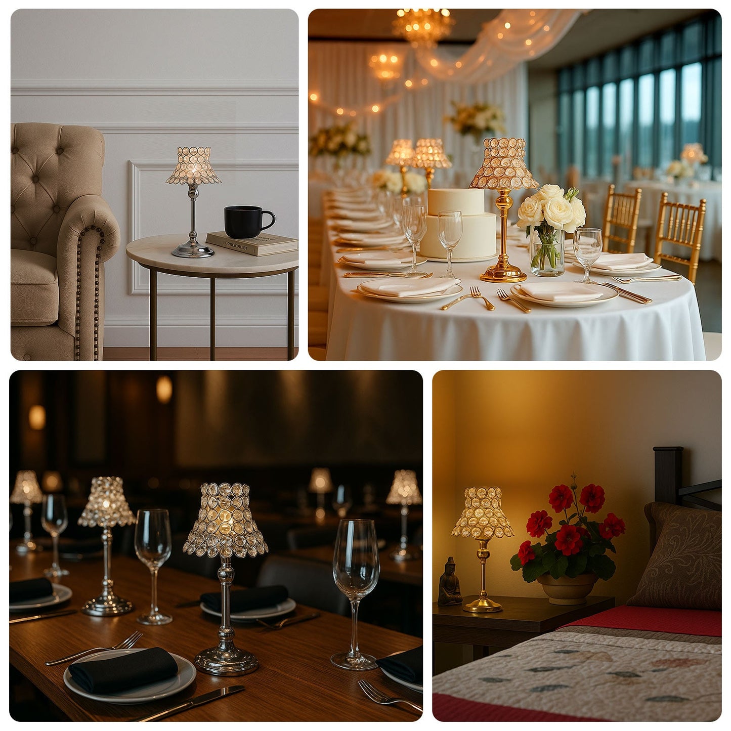 2 Pack Crystal Beaded Candle Holders â€“ 12" Tall Silver Metal Centerpieces with Lamp-Inspired Shade for Tables & Events