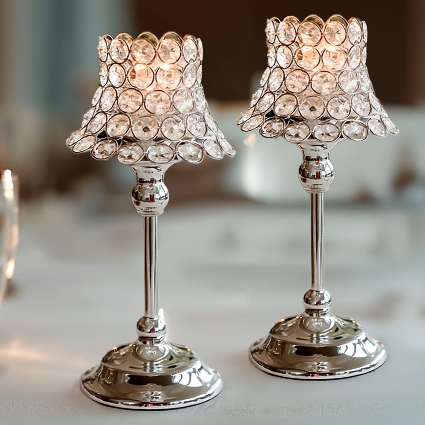 2 Pack Crystal Beaded Candle Holders â€“ 12" Tall Silver Metal Centerpieces with Lamp-Inspired Shade for Tables & Events