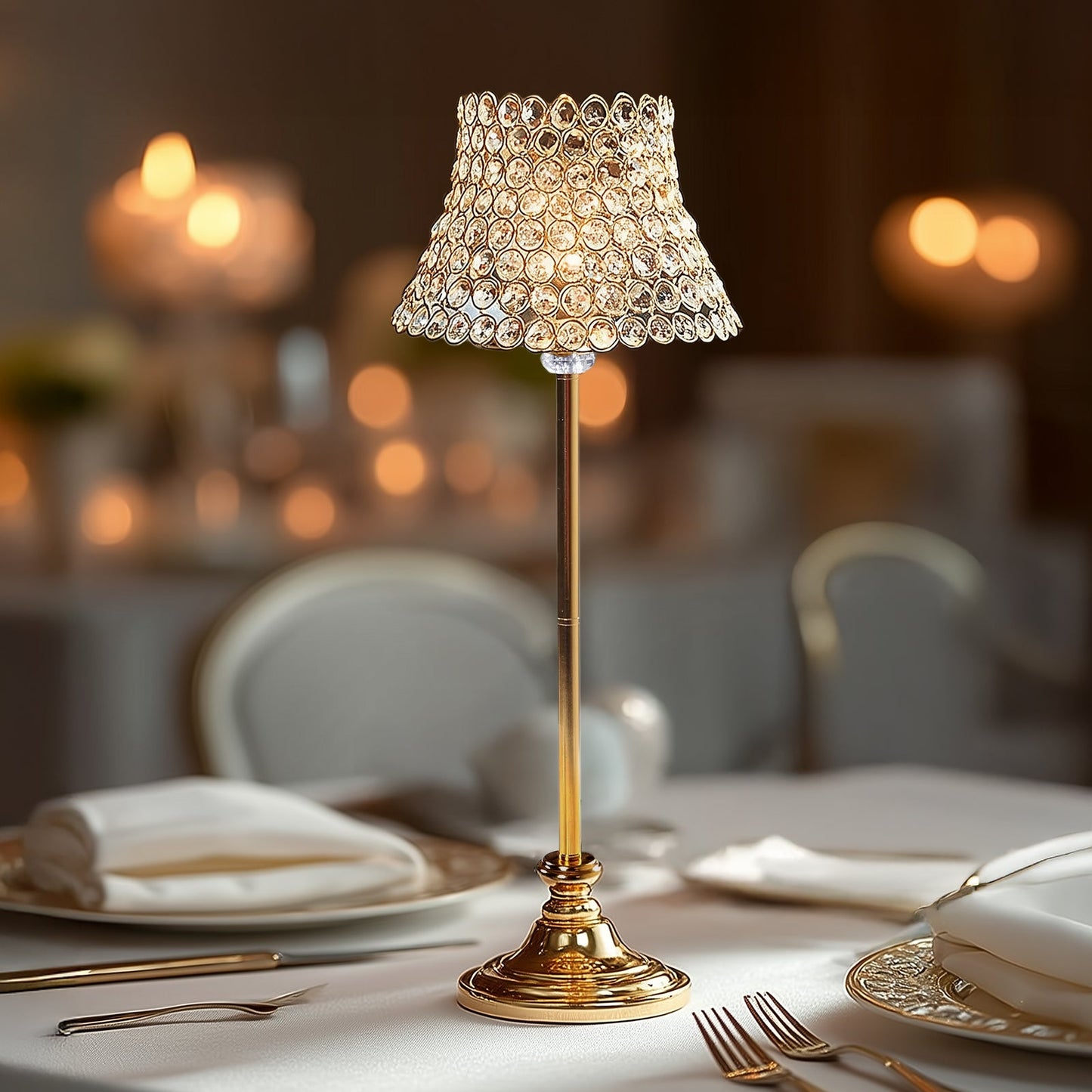 24" Tall Crystal Beaded Candle Stand â€“ Gold Metal Centerpiece with Lamp-Inspired Shade for Tables & Events