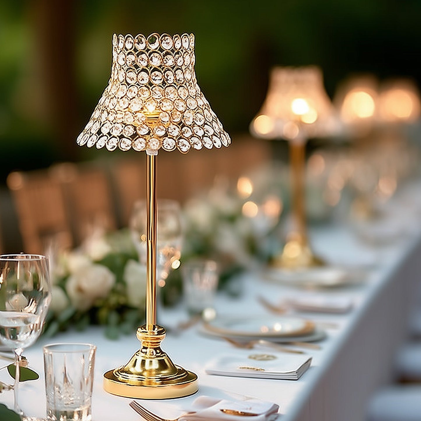 24" Tall Crystal Beaded Candle Stand â€“ Gold Metal Centerpiece with Lamp-Inspired Shade for Tables & Events