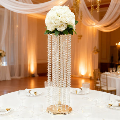 4-Pack Gold Metal Flower Stand Vases with Hanging Crystal Beads â€“ 32" Tall Decorative Column Centerpieces for Events and Table DÃ©cor