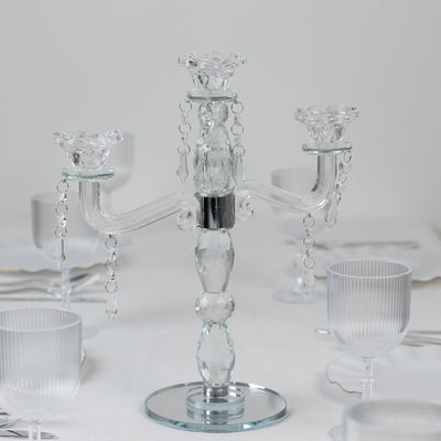 Crystal Taper Candle Holder with 3 Arms & Hanging Pendants â€“ Elegant Table Centerpiece, 14"