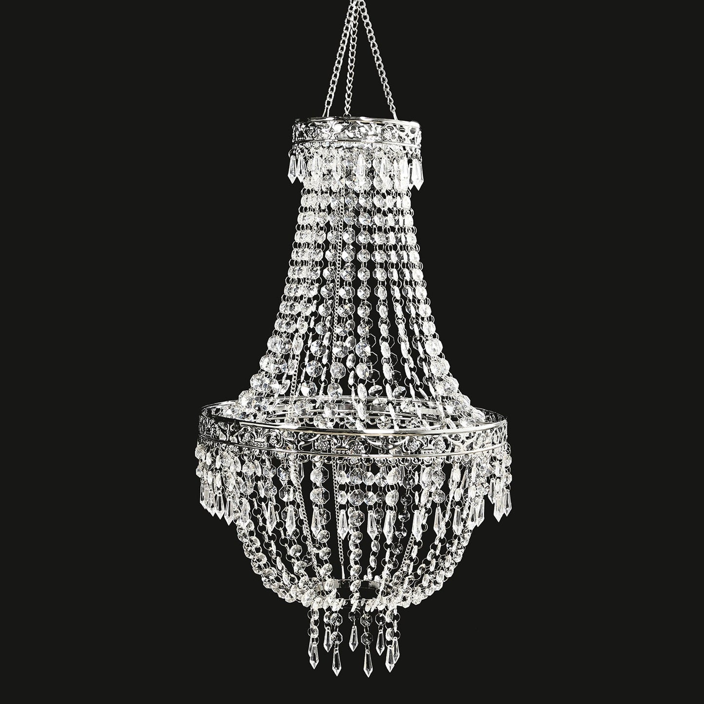 2ft Empire Style Beaded Crystal Chandelier with Silver Ornate Metal Frame, Adjustable Hanging Farmhouse Pendant Ceiling Lighting