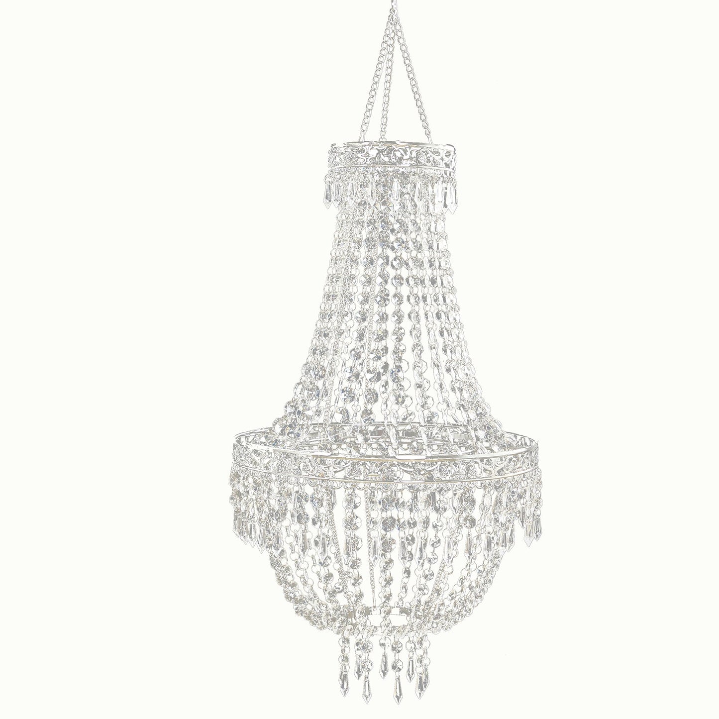 3ft Empire Style Beaded Crystal Chandelier with Silver Ornate Metal Frame, Adjustable Hanging Farmhouse Pendant Ceiling Lighting