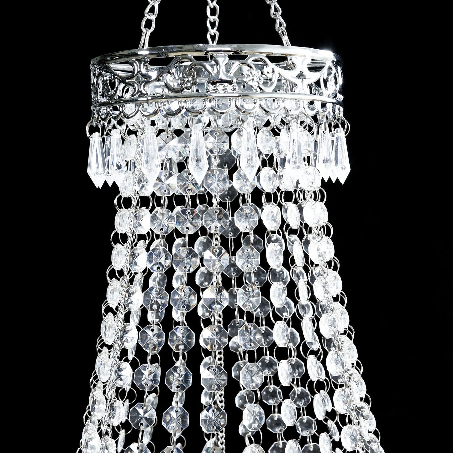 3ft Empire Style Beaded Crystal Chandelier with Silver Ornate Metal Frame, Adjustable Hanging Farmhouse Pendant Ceiling Lighting