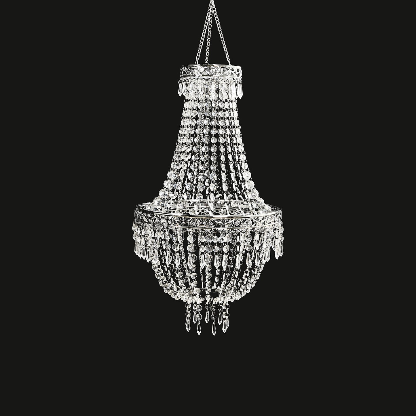 3ft Empire Style Beaded Crystal Chandelier with Silver Ornate Metal Frame, Adjustable Hanging Farmhouse Pendant Ceiling Lighting