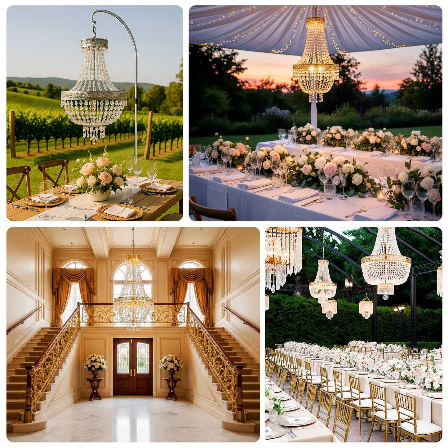 5ft Empire Style Beaded Crystal Chandelier with Silver Ornate Metal Frame, Adjustable Hanging Farmhouse Pendant Ceiling Lighting