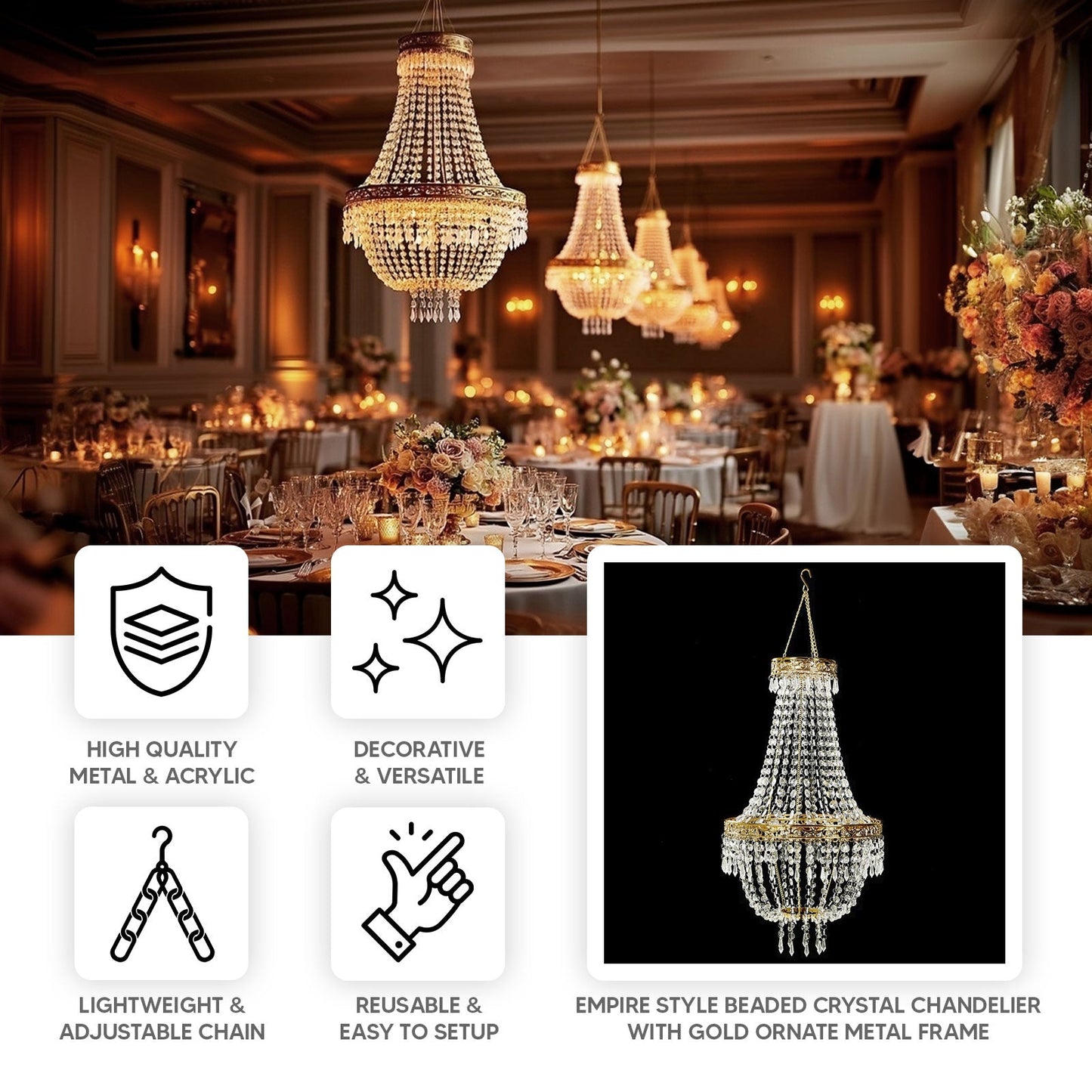 2ft Empire Style Beaded Crystal Chandelier with Gold Ornate Metal Frame, Adjustable Hanging Farmhouse Pendant Ceiling Lighting