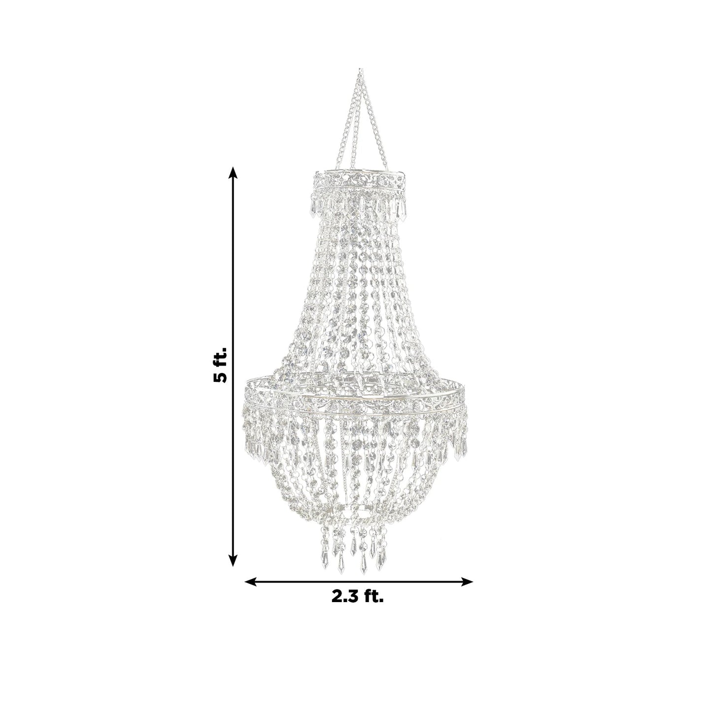 5ft Empire Style Beaded Crystal Chandelier with Silver Ornate Metal Frame, Adjustable Hanging Farmhouse Pendant Ceiling Lighting