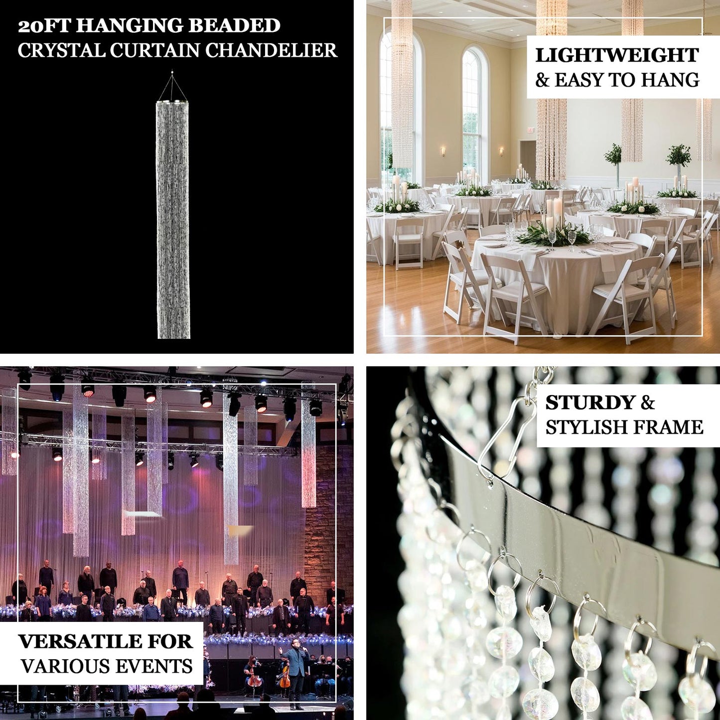 20ft Hanging Beaded Crystal Column Chandelier, Tall Beads Curtain Round with Silver Metal Hoop and Hanging Chain