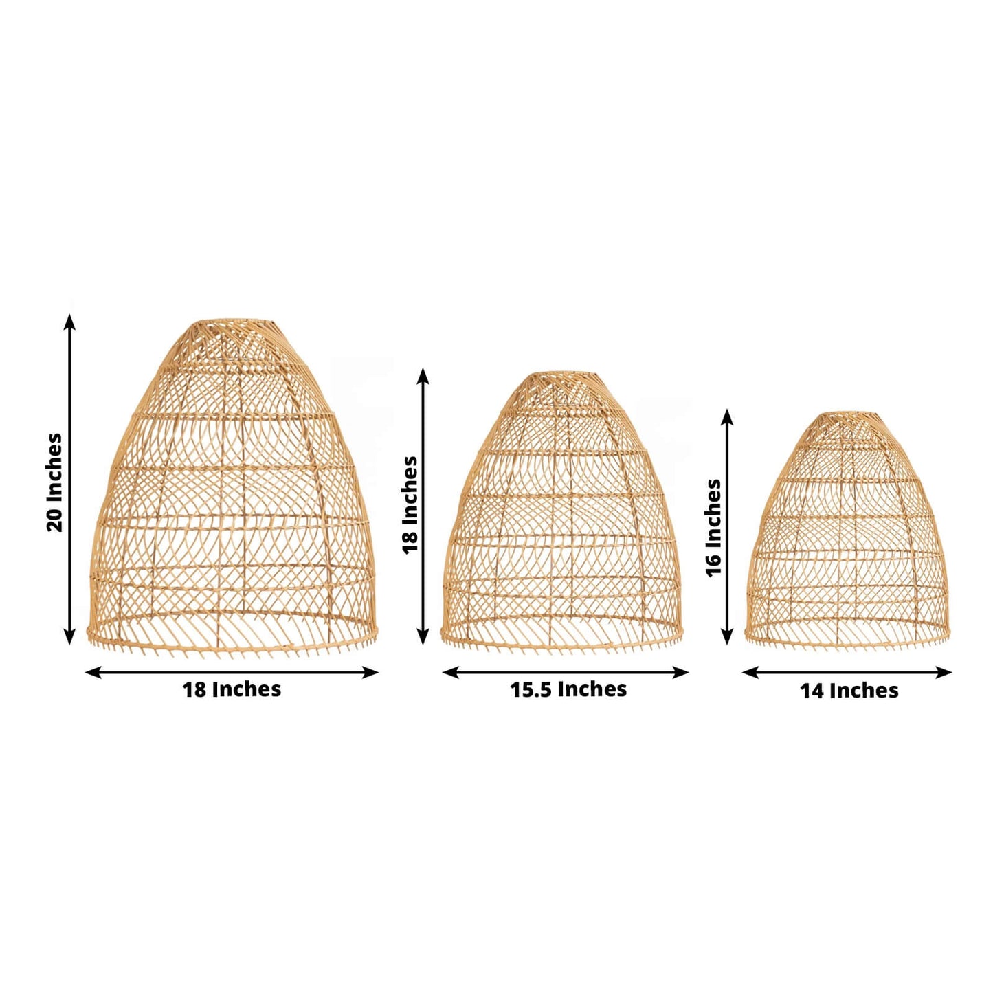 Boho Rattan Light Shades Set of 3 â€“ Natural Woven Pendant Lamp Covers in Cone Shape â€“ 16" 18" 20" â€“ Ceiling Shades Only