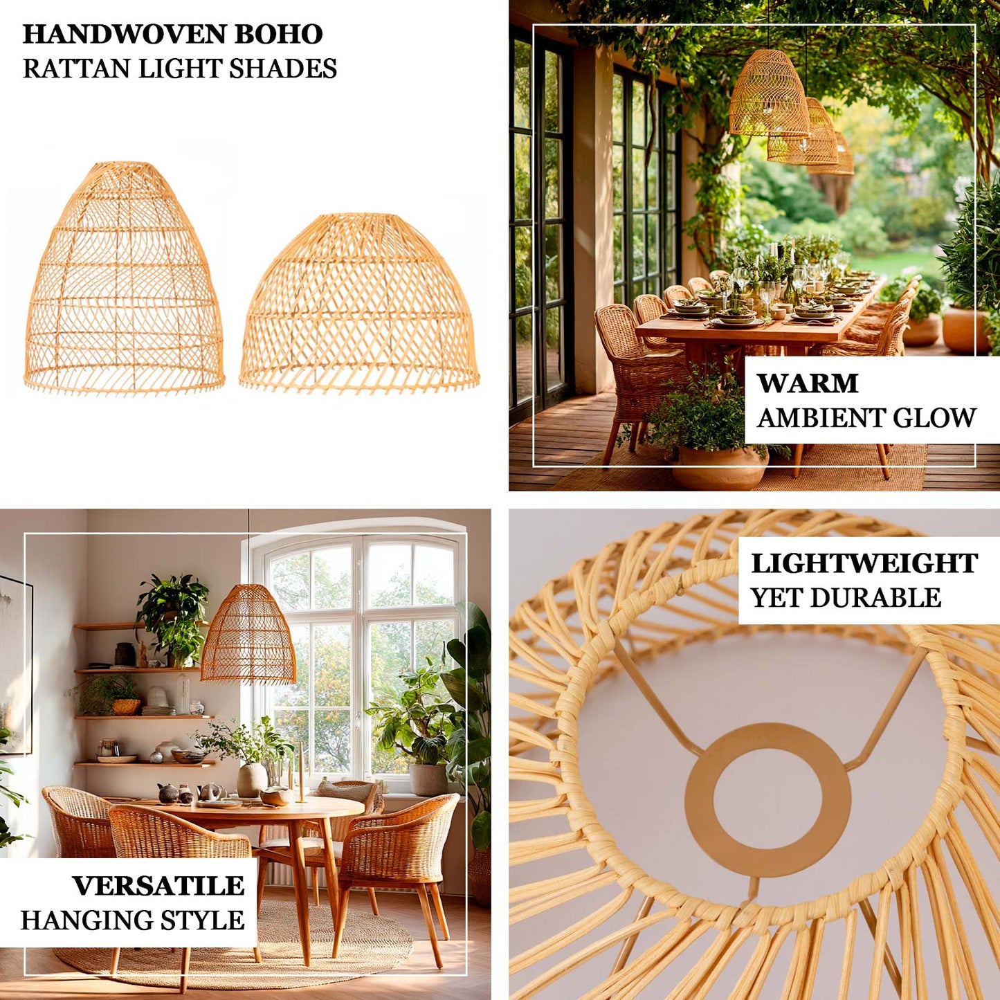 Boho Rattan Light Shades Set of 3 â€“ Natural Woven Pendant Lamp Covers in Cone Shape â€“ 16" 18" 20" â€“ Ceiling Shades Only