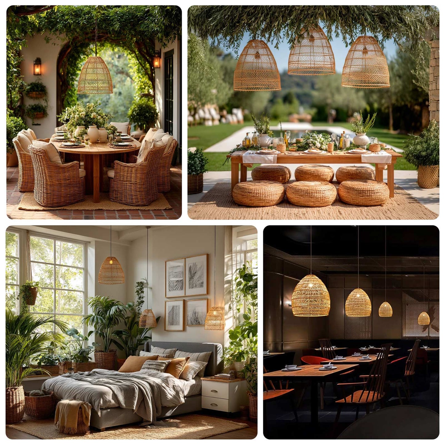 Boho Rattan Light Shades Set of 3 â€“ Natural Woven Pendant Lamp Covers in Cone Shape â€“ 16" 18" 20" â€“ Ceiling Shades Only