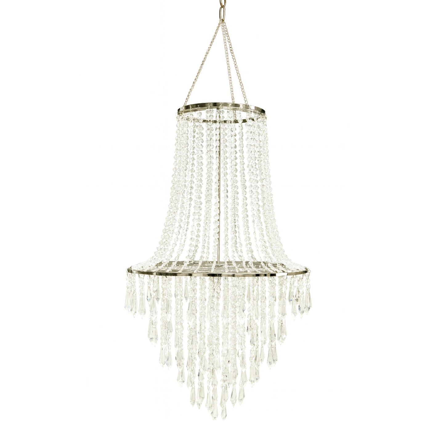 2ft Fountain Crystal Beaded Chandelier â€“ Hanging Pendant Light with Silver Metal Frame & Hook Chain, Elegant Tiered Design