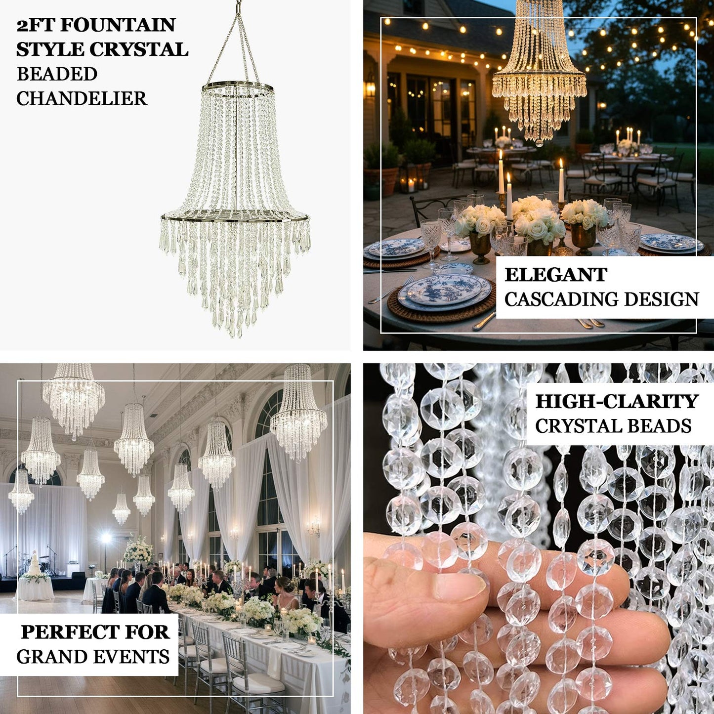 2ft Fountain Crystal Beaded Chandelier â€“ Hanging Pendant Light with Silver Metal Frame & Hook Chain, Elegant Tiered Design