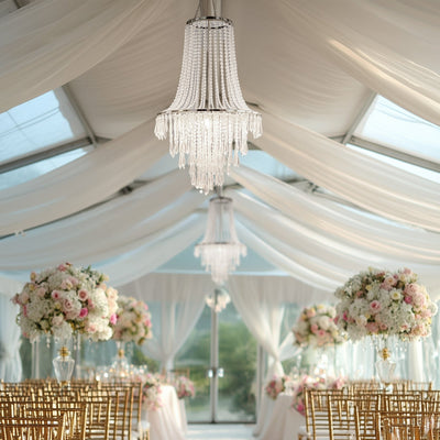 2ft Fountain Crystal Beaded Chandelier â€“ Hanging Pendant Light with Silver Metal Frame & Hook Chain, Elegant Tiered Design