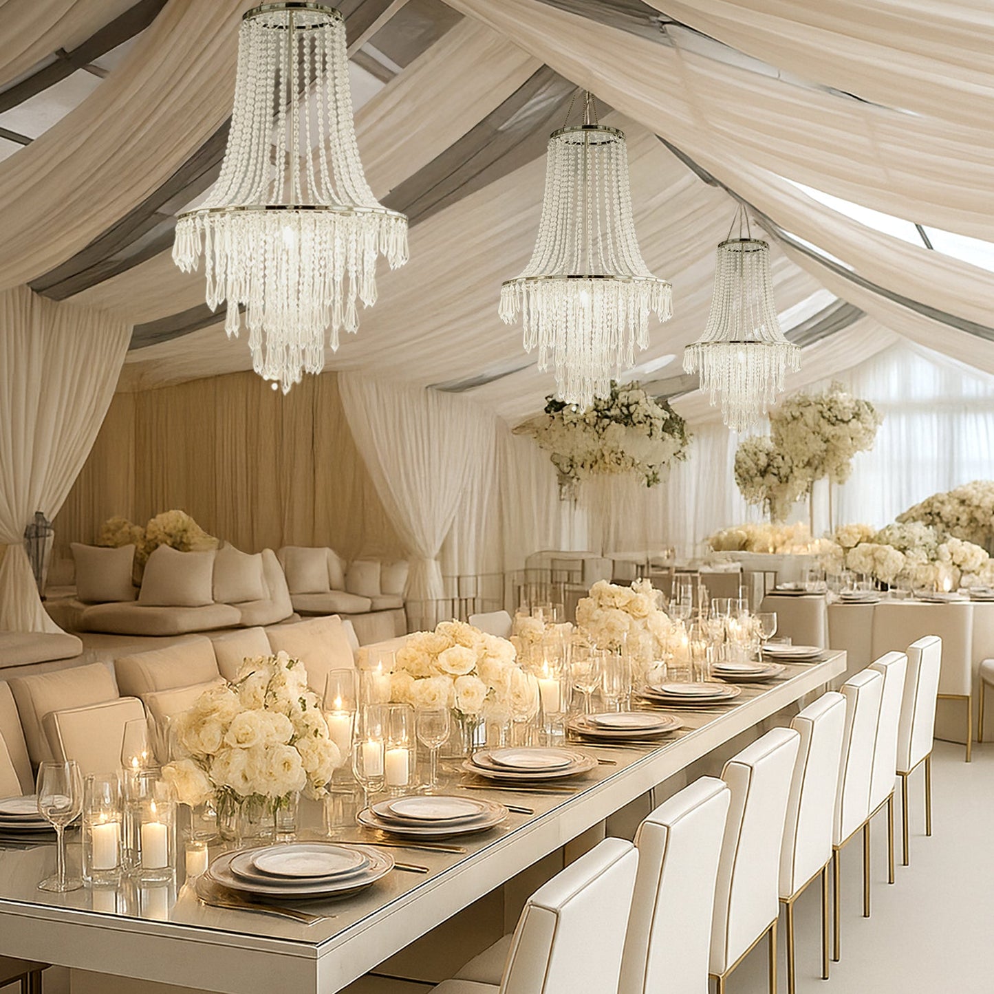 2ft Fountain Crystal Beaded Chandelier â€“ Hanging Pendant Light with Silver Metal Frame & Hook Chain, Elegant Tiered Design