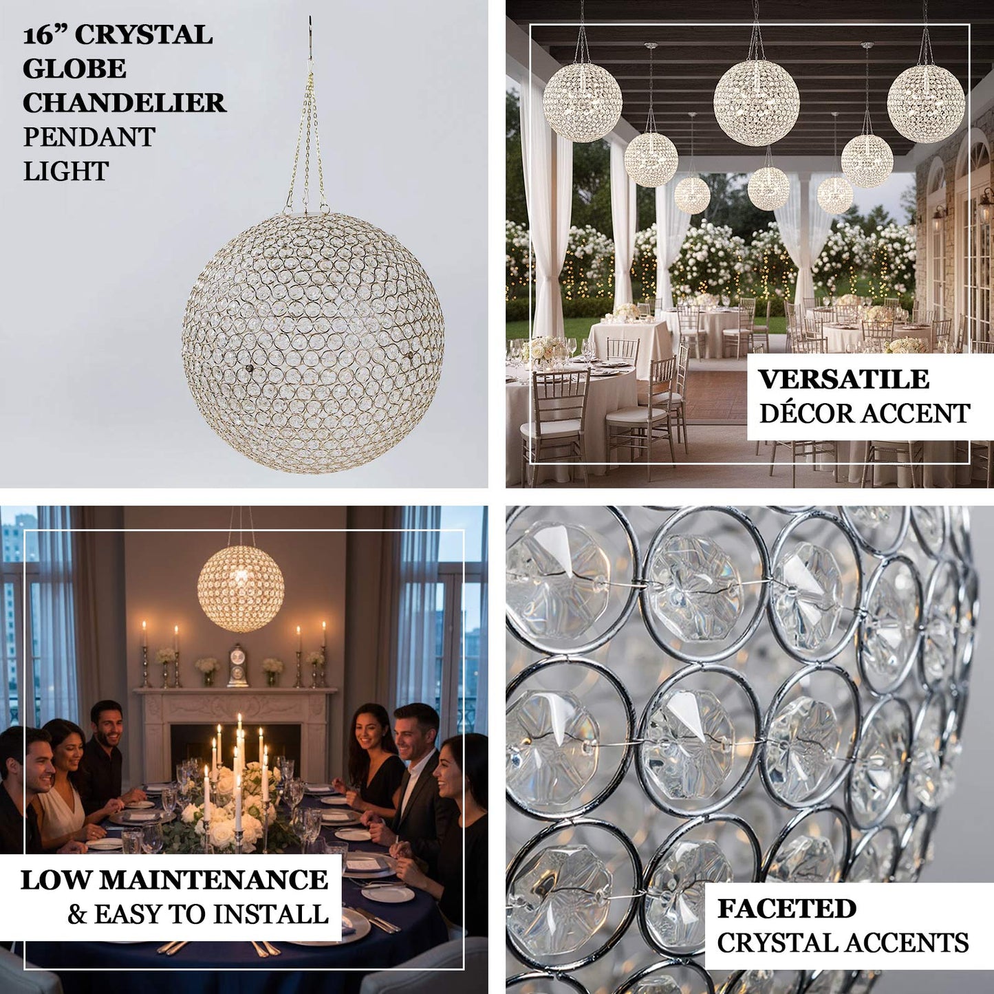 16" Crystal Globe Chandelier â€“ Hanging Beaded Ball Pendant Light with Silver Metal Hook & Chain for Decorative Home Lighting