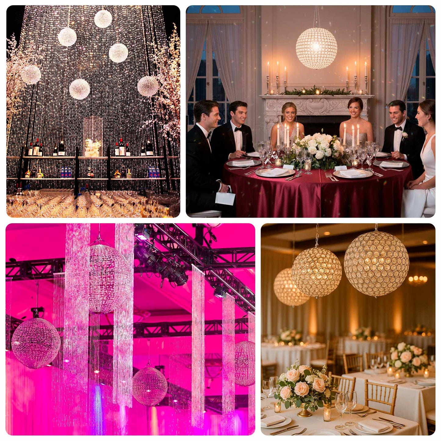 16" Crystal Globe Chandelier â€“ Hanging Beaded Ball Pendant Light with Silver Metal Hook & Chain for Decorative Home Lighting