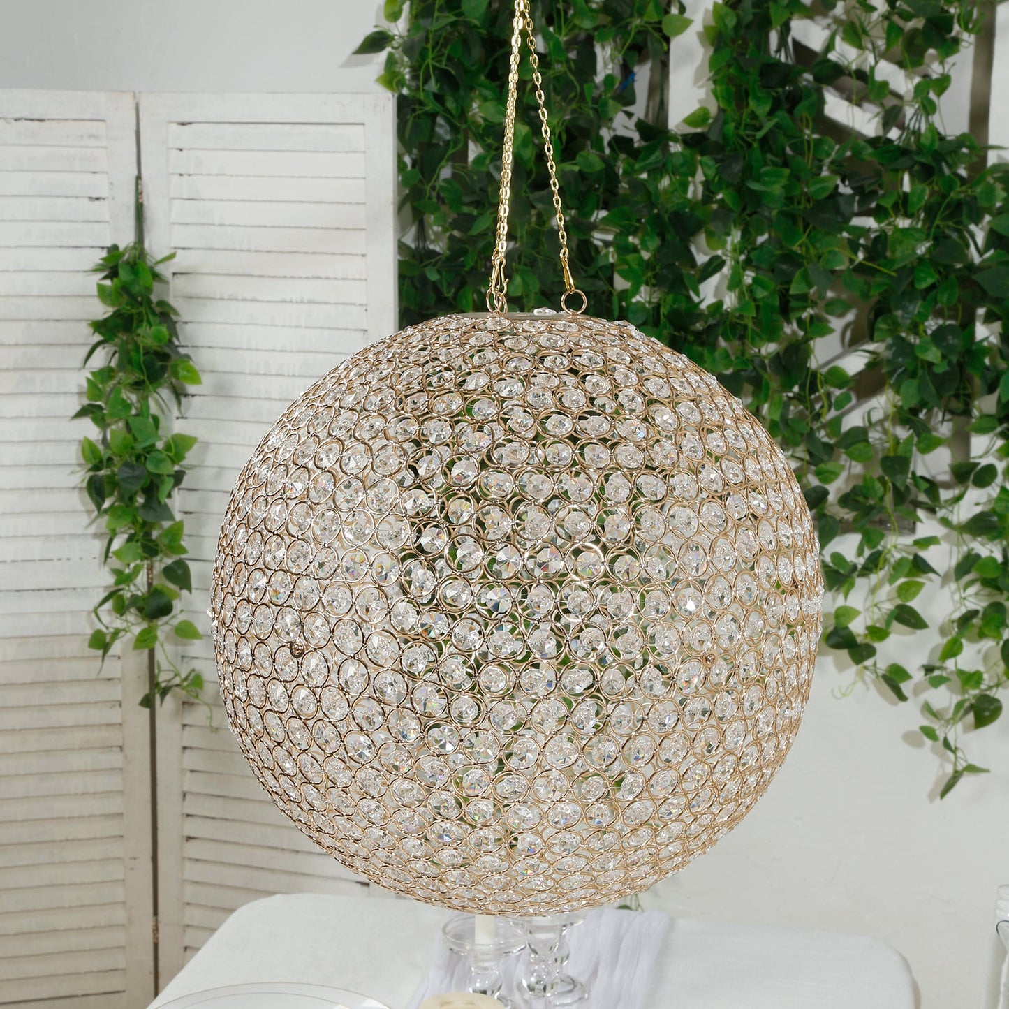 16" Crystal Globe Chandelier â€“ Hanging Beaded Ball Pendant Light with Gold Metal Hook & Chain for Decorative Home Lighting