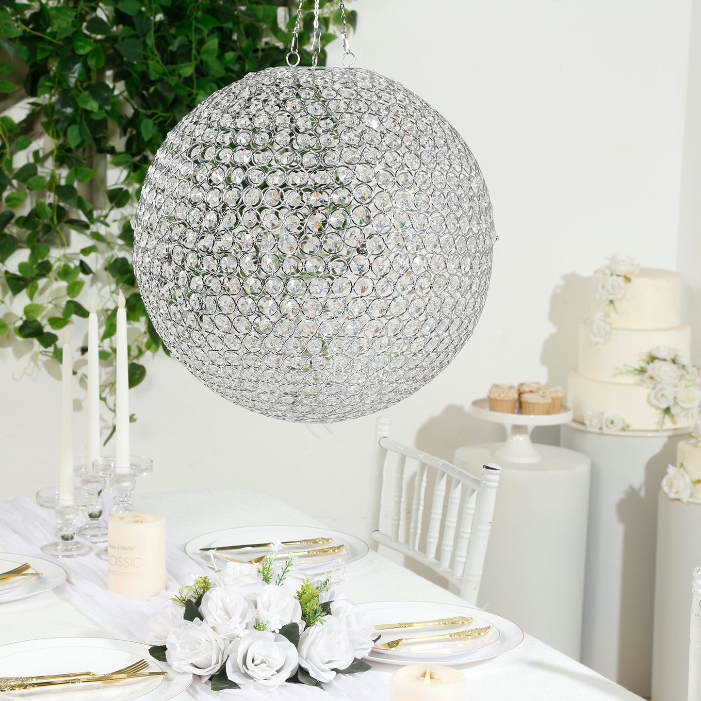 16" Crystal Globe Chandelier â€“ Hanging Beaded Ball Pendant Light with Silver Metal Hook & Chain for Decorative Home Lighting