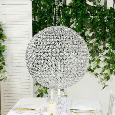 16" Crystal Globe Chandelier â€“ Hanging Beaded Ball Pendant Light with Silver Metal Hook & Chain for Decorative Home Lighting