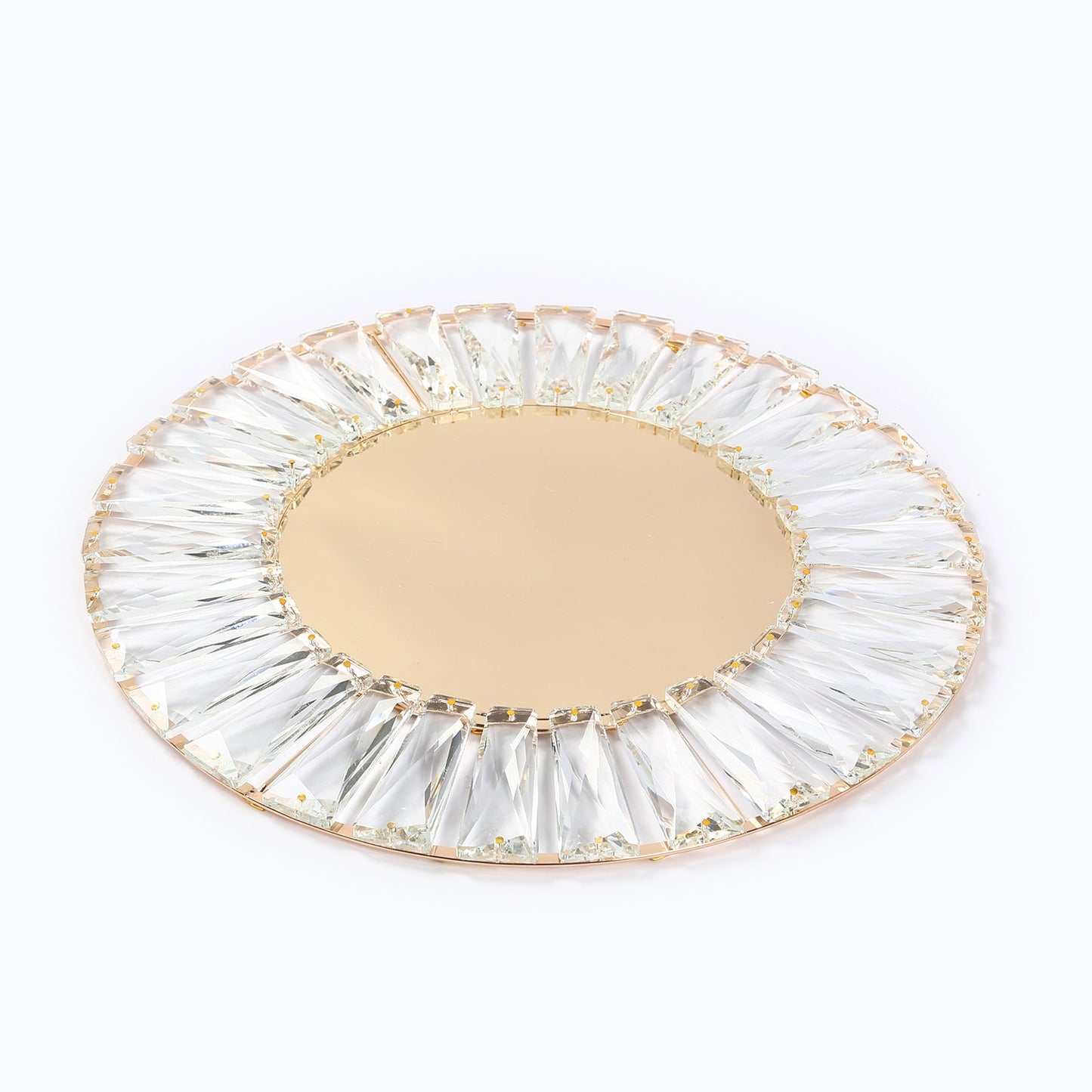 2 Pack 14" Crystal Pendant Metal Charger Plates â€“ Gold Mirror Glass Decorative Round Table Chargers