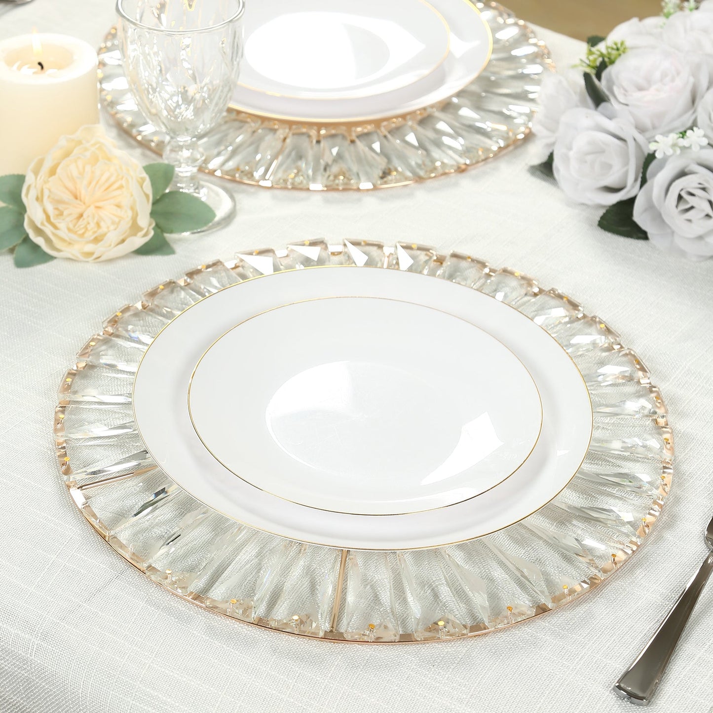 2 Pack 14" Crystal Pendant Metal Charger Plates â€“ Gold Mirror Glass Decorative Round Table Chargers