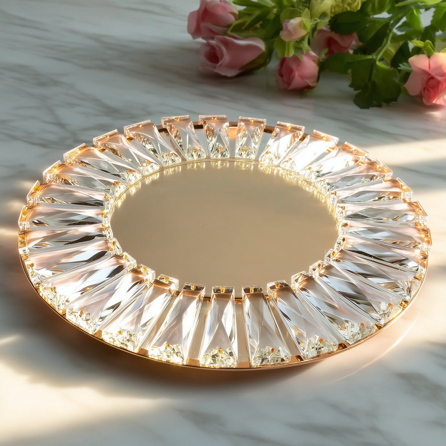 2 Pack 14" Crystal Pendant Metal Charger Plates â€“ Gold Mirror Glass Decorative Round Table Chargers