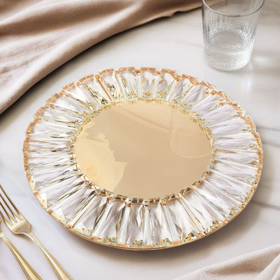 2 Pack 14" Crystal Pendant Metal Charger Plates â€“ Gold Mirror Glass Decorative Round Table Chargers