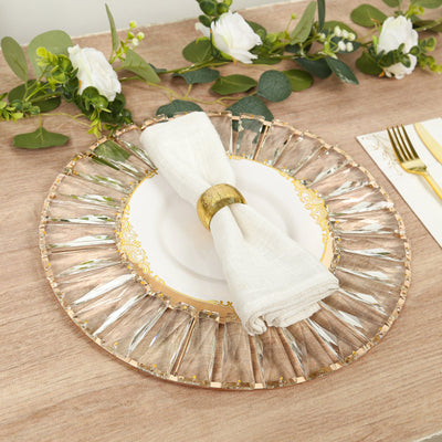 2 Pack 14" Crystal Pendant Metal Charger Plates â€“ Gold Mirror Glass Decorative Round Table Chargers