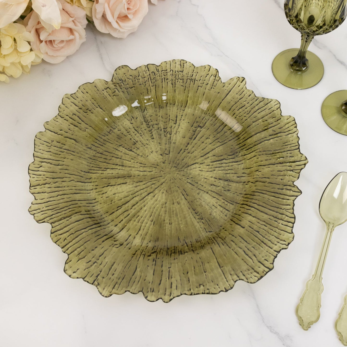 6-Pack Acrylic Plastic Round Charger Plates 13" in Transparent Dusty Sage Green with Reef Design, Dinner Charger Tableware