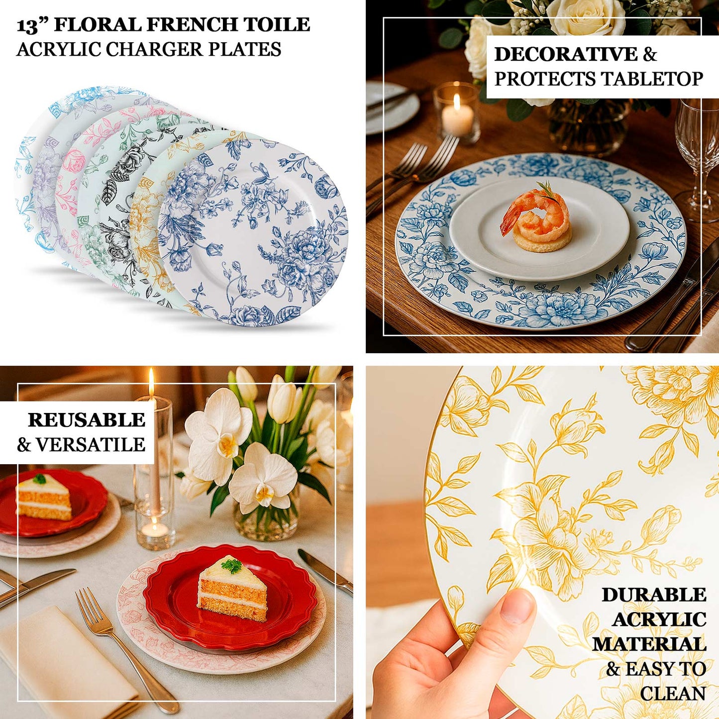 6-Pack Acrylic Round Charger Plates 13" in White with Gold Floral French Toile Pattern, Decorative Dinner Party Charger Tableware