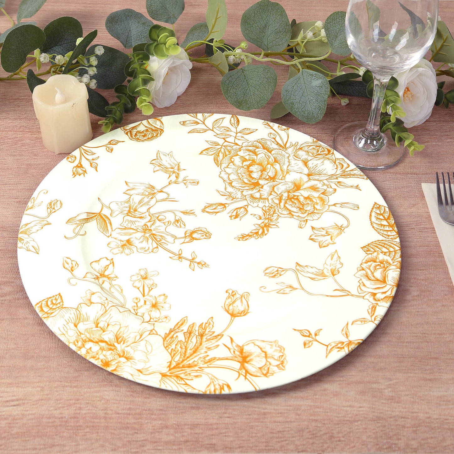 6-Pack Acrylic Round Charger Plates 13" in White with Gold Floral French Toile Pattern, Decorative Dinner Party Charger Tableware