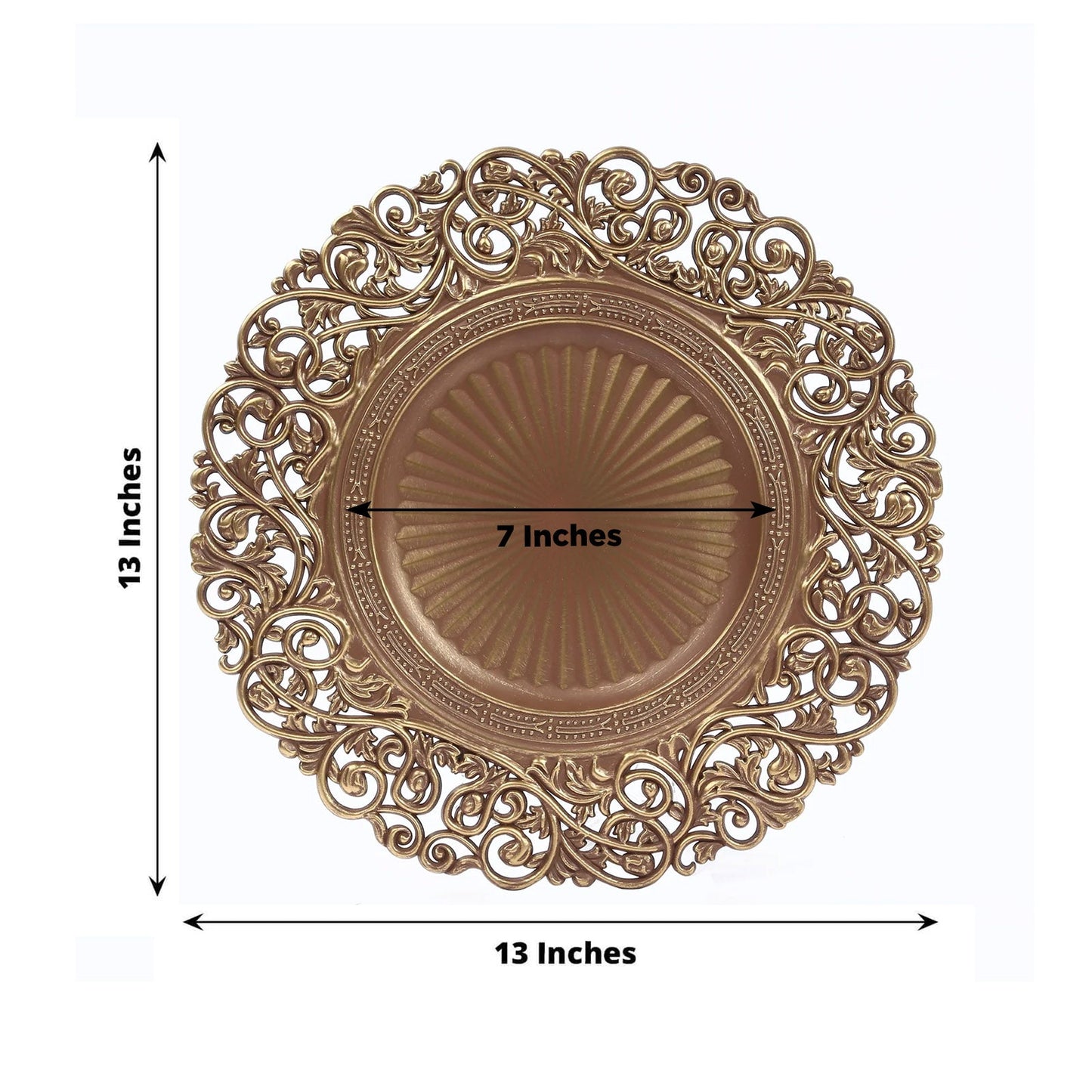 6-Pack Acrylic Round Charger Plates 13" in Brown / Brushed Gold with Vintage Floral Carved Rim, Event Tabletop Decorative Charger Tableware