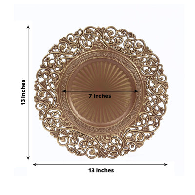 6-Pack Acrylic Round Charger Plates 13" in Brown / Brushed Gold with Vintage Floral Carved Rim, Event Tabletop Decorative Charger Tableware