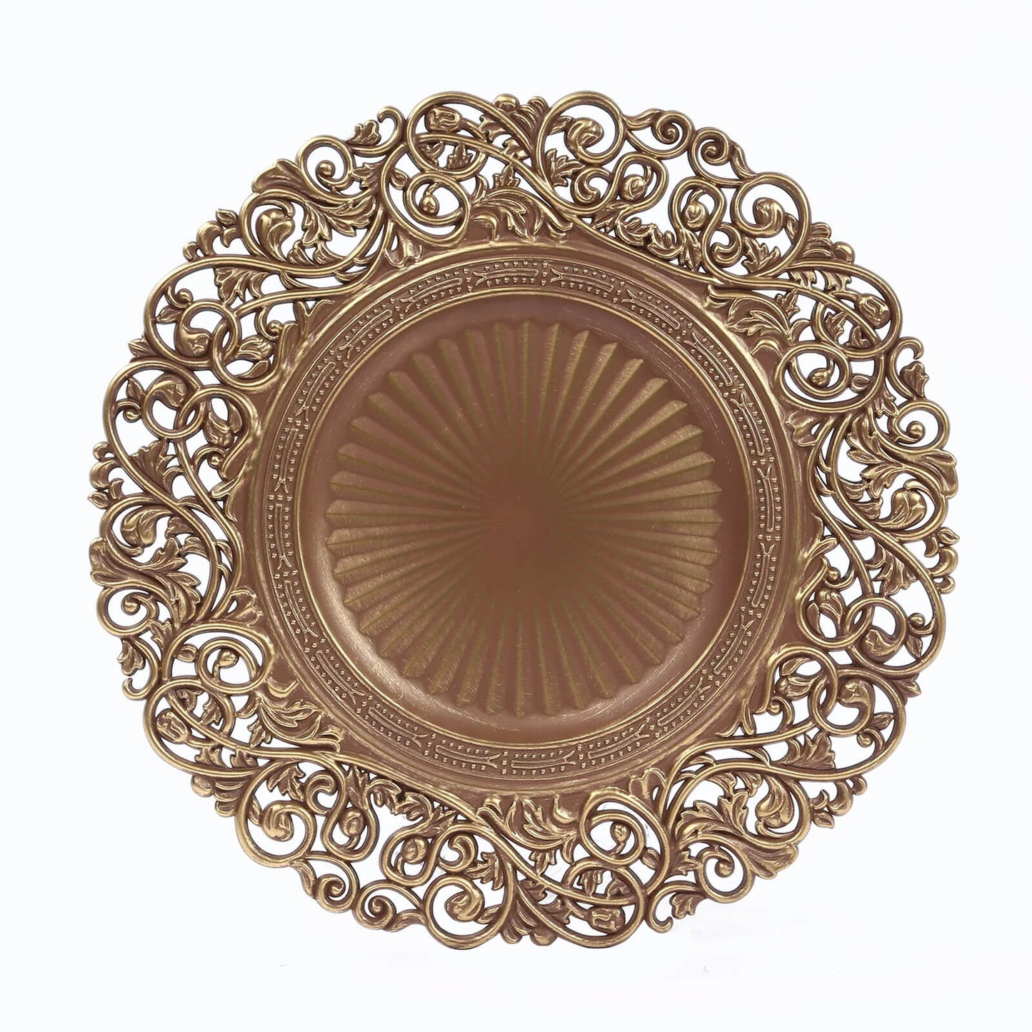 6-Pack Acrylic Round Charger Plates 13" in Brown / Brushed Gold with Vintage Floral Carved Rim, Event Tabletop Decorative Charger Tableware
